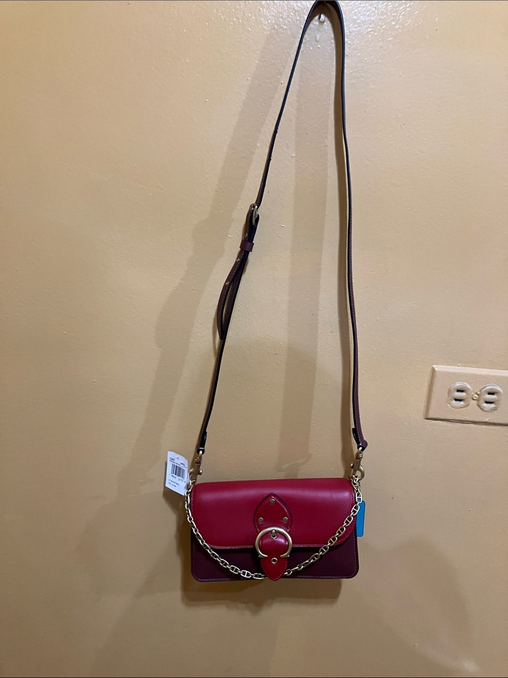 Coach Two-Tone Red and Burgundy Leather Crossbody with Chain